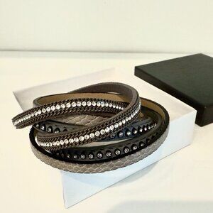 Gray Leather Rhinestone Multi-Strand Wrap Bracelet Magnetic Clasp Boho Chic